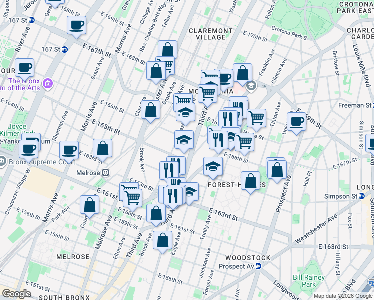 map of restaurants, bars, coffee shops, grocery stores, and more near 503 East 165th Street in Bronx