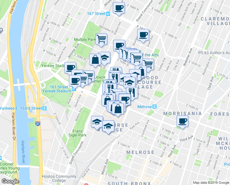 map of restaurants, bars, coffee shops, grocery stores, and more near in The Bronx