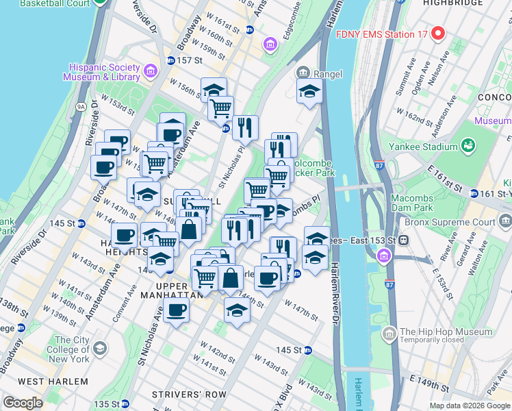 map of restaurants, bars, coffee shops, grocery stores, and more near in New York