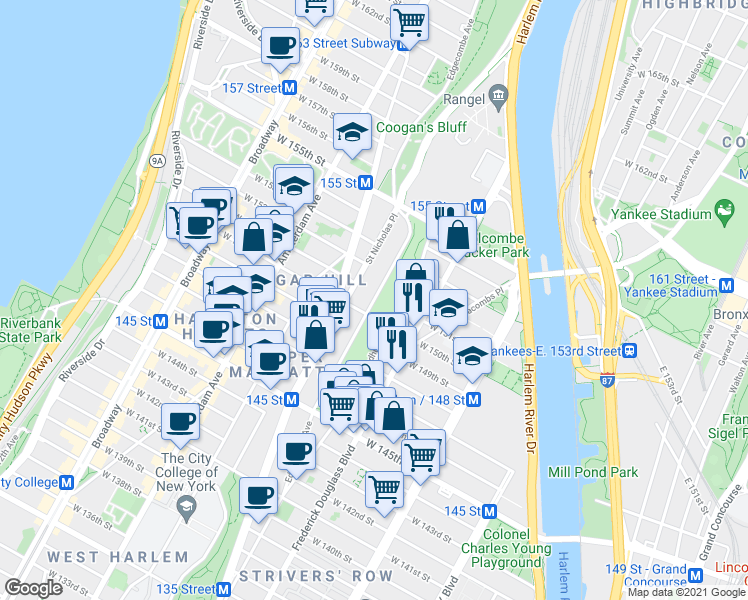 map of restaurants, bars, coffee shops, grocery stores, and more near West 151st Street in New York