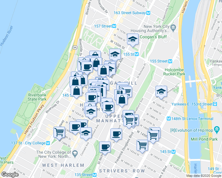 map of restaurants, bars, coffee shops, grocery stores, and more near 465 West 148th Street in New York