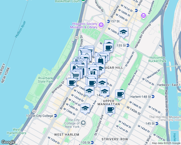 map of restaurants, bars, coffee shops, grocery stores, and more near 533 West 147th Street in New York