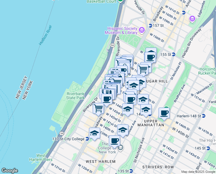 map of restaurants, bars, coffee shops, grocery stores, and more near 625 West 145th Street in New York
