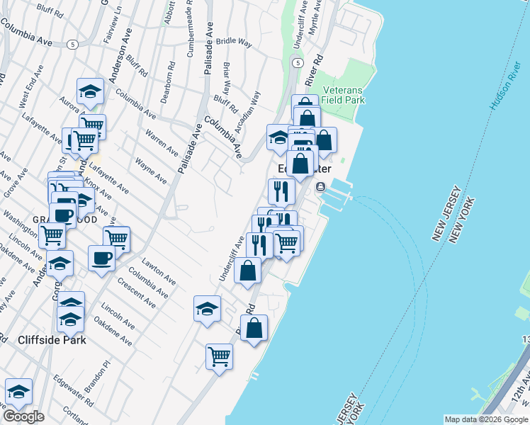 map of restaurants, bars, coffee shops, grocery stores, and more near in Edgewater