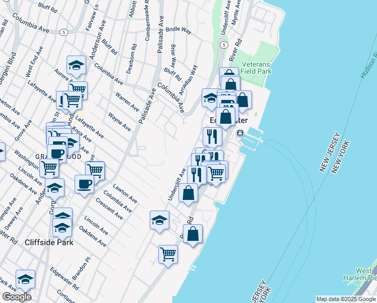 map of restaurants, bars, coffee shops, grocery stores, and more near in Edgewater