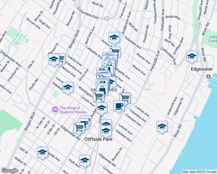 map of restaurants, bars, coffee shops, grocery stores, and more near 279 Columbia Avenue in Cliffside Park