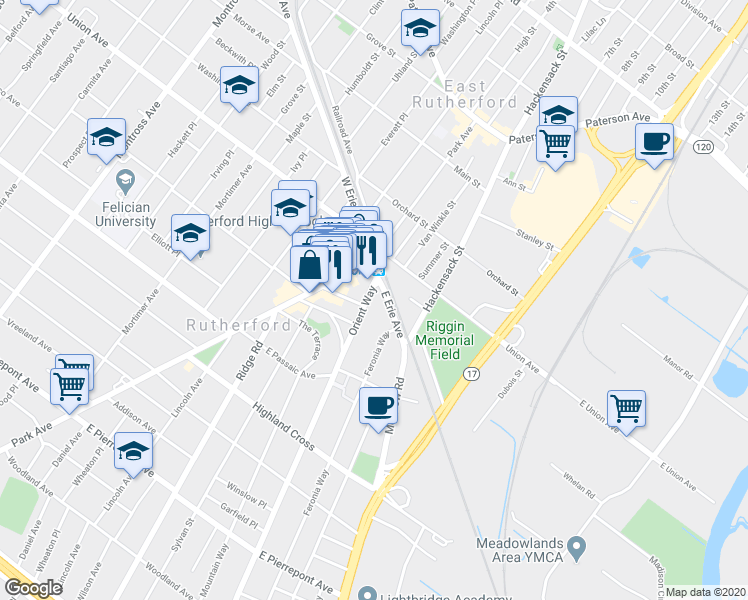 map of restaurants, bars, coffee shops, grocery stores, and more near 22 Orient Way in Rutherford