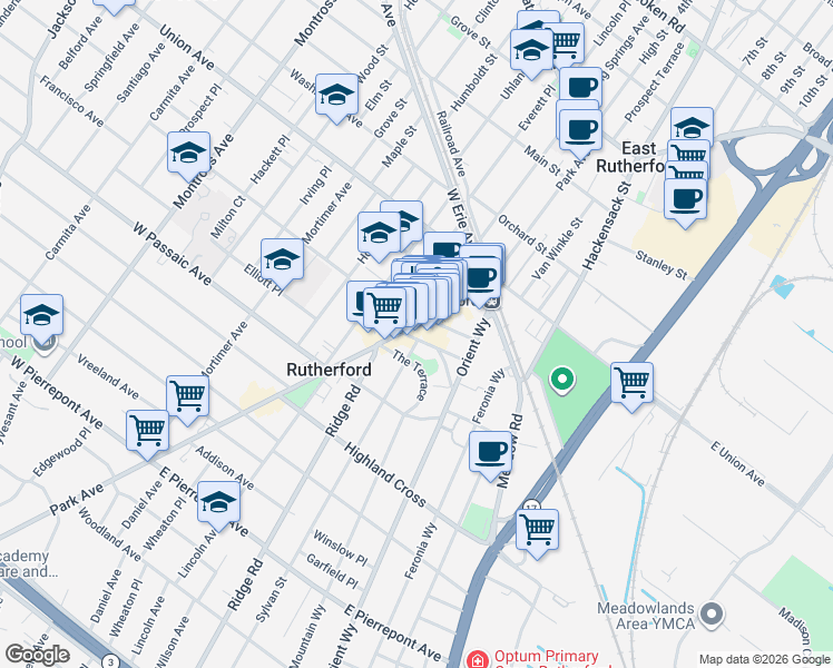 map of restaurants, bars, coffee shops, grocery stores, and more near 1 Williams Plaza in Rutherford