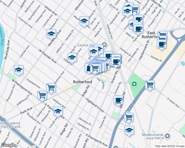 map of restaurants, bars, coffee shops, grocery stores, and more near 124 Park Avenue in Rutherford