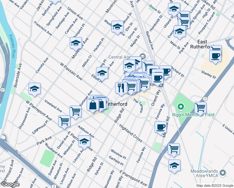 map of restaurants, bars, coffee shops, grocery stores, and more near in Rutherford