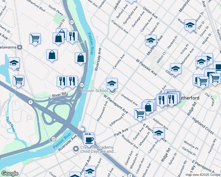 map of restaurants, bars, coffee shops, grocery stores, and more near 151 Vreeland Avenue in Rutherford