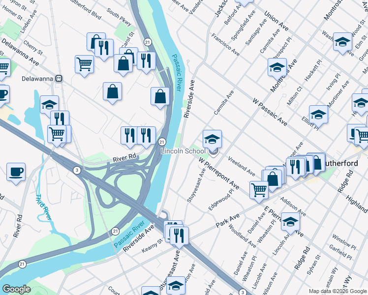 map of restaurants, bars, coffee shops, grocery stores, and more near 454 Riverside Avenue in Rutherford