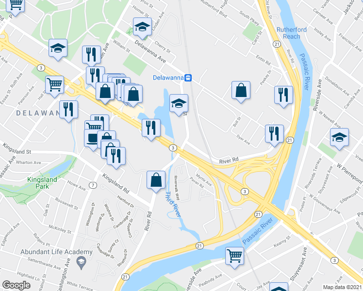 map of restaurants, bars, coffee shops, grocery stores, and more near 158 River Road in Clifton