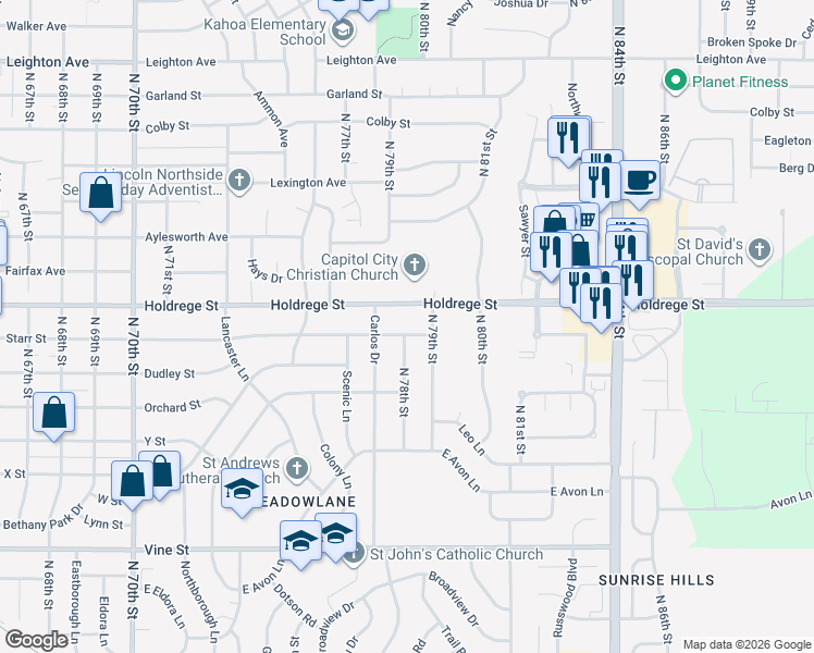 map of restaurants, bars, coffee shops, grocery stores, and more near 1331 North 79th Street in Lincoln