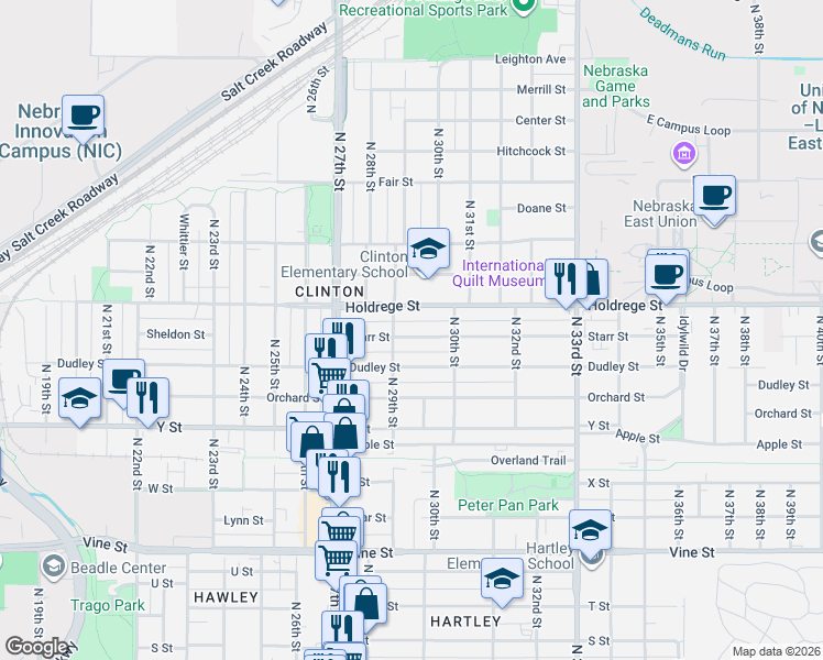 map of restaurants, bars, coffee shops, grocery stores, and more near 2921 Starr Street in Lincoln