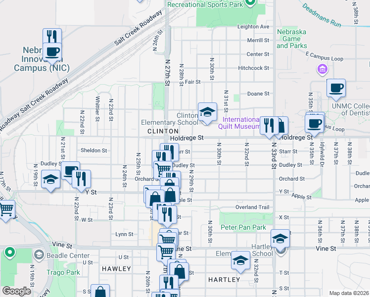 map of restaurants, bars, coffee shops, grocery stores, and more near 2801 Starr Street in Lincoln