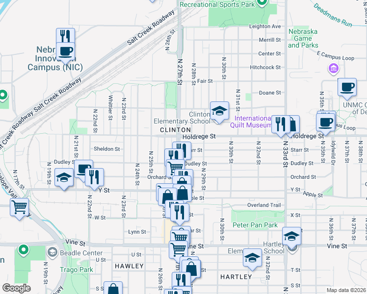 map of restaurants, bars, coffee shops, grocery stores, and more near 1345 North 27th Street in Lincoln