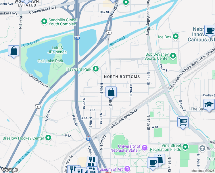 map of restaurants, bars, coffee shops, grocery stores, and more near 910 New Hampshire Street in Lincoln
