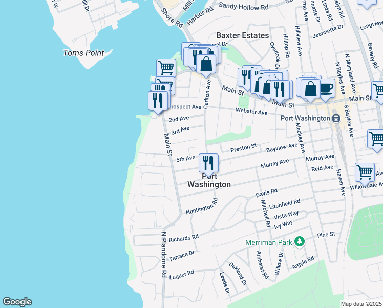 map of restaurants, bars, coffee shops, grocery stores, and more near 24 5th Avenue in Port Washington