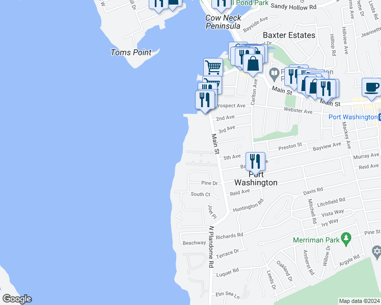map of restaurants, bars, coffee shops, grocery stores, and more near 16 Dolphin Green in Port Washington