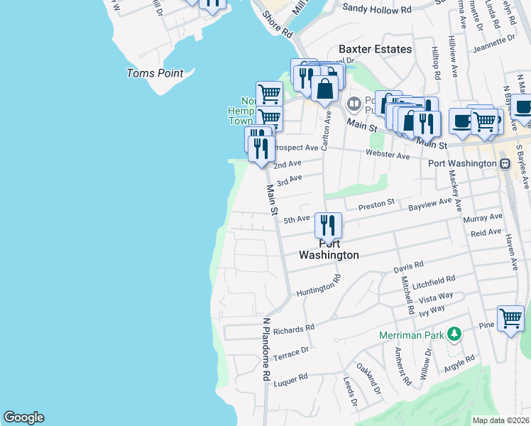 map of restaurants, bars, coffee shops, grocery stores, and more near 9 Dolphin Green in Port Washington