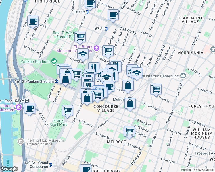 map of restaurants, bars, coffee shops, grocery stores, and more near 266 East 163rd Street in The Bronx