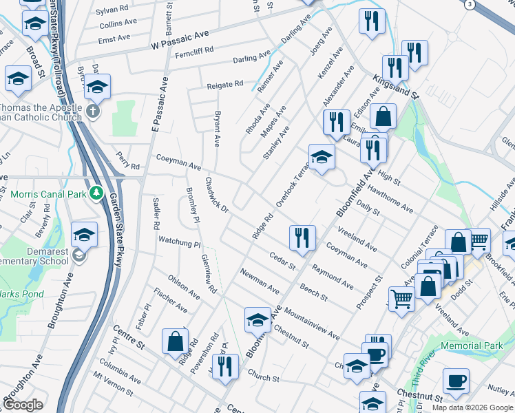 map of restaurants, bars, coffee shops, grocery stores, and more near 4 Sunset Drive West in Nutley