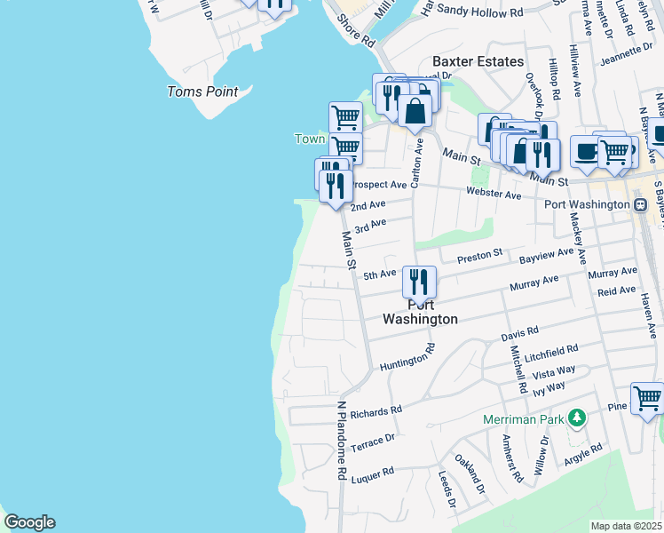 map of restaurants, bars, coffee shops, grocery stores, and more near 15 Dolphin Green in Port Washington