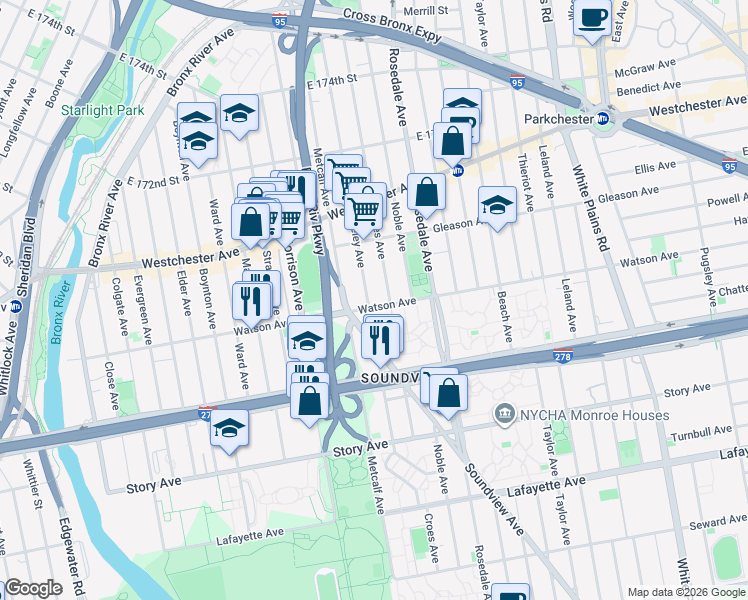 map of restaurants, bars, coffee shops, grocery stores, and more near in The Bronx