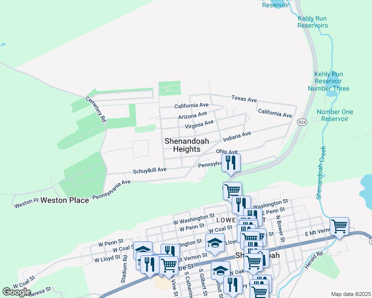 map of restaurants, bars, coffee shops, grocery stores, and more near 240 Indiana Avenue in Shenandoah