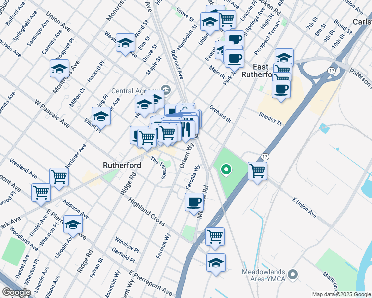 map of restaurants, bars, coffee shops, grocery stores, and more near 22 Orient Way in Rutherford