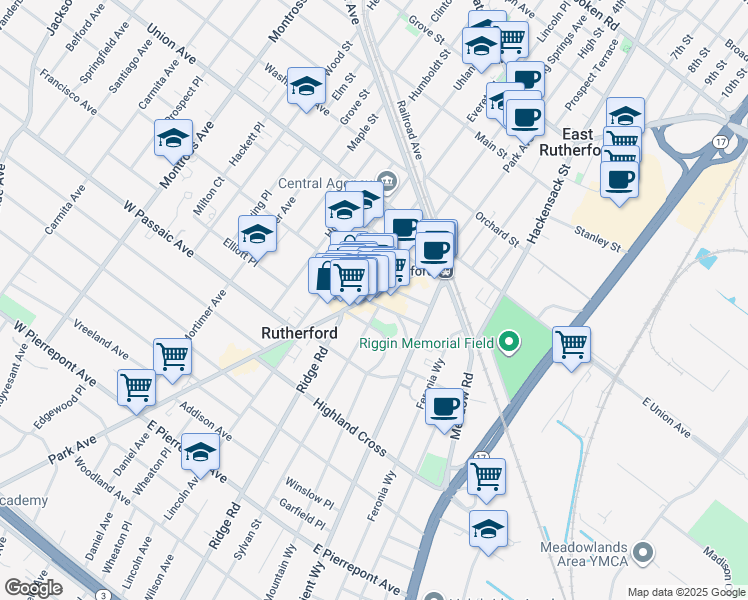 map of restaurants, bars, coffee shops, grocery stores, and more near in Rutherford