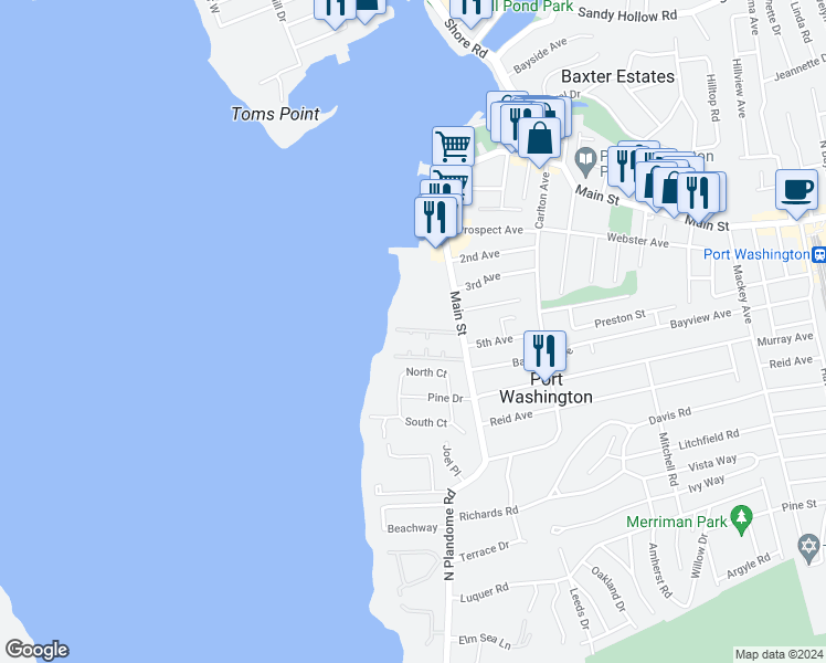 map of restaurants, bars, coffee shops, grocery stores, and more near 30 Dolphin Green in Port Washington