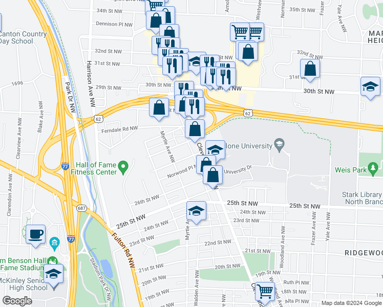map of restaurants, bars, coffee shops, grocery stores, and more near 1341 Ridgeway Place Northwest in Canton