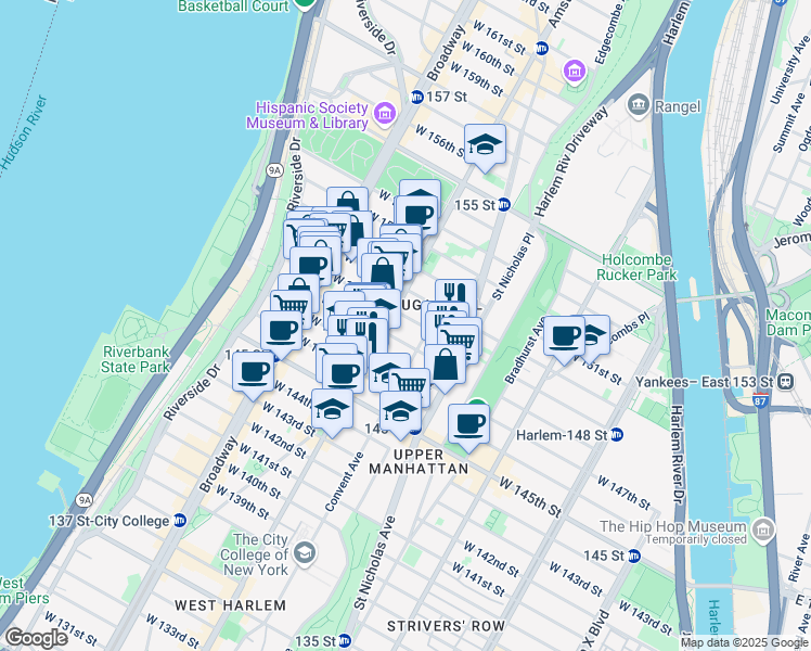 map of restaurants, bars, coffee shops, grocery stores, and more near 465 West 148th Street in New York