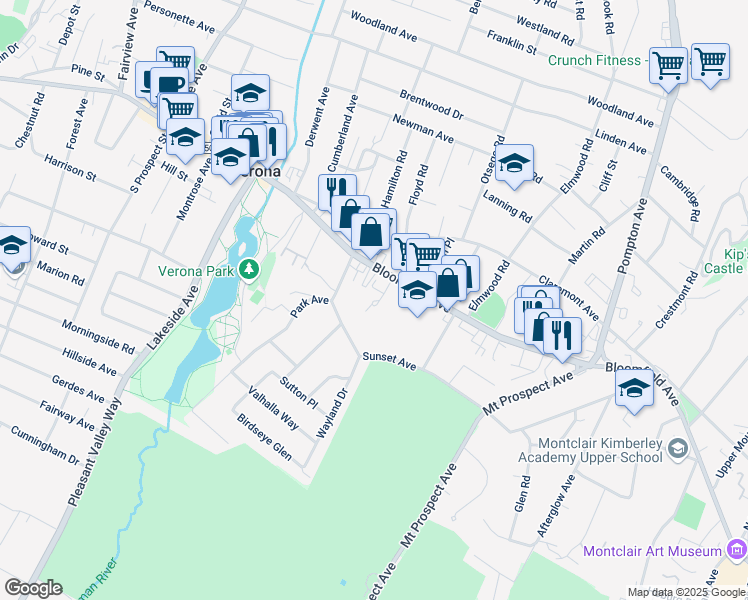 map of restaurants, bars, coffee shops, grocery stores, and more near 349 Bloomfield Avenue in Verona