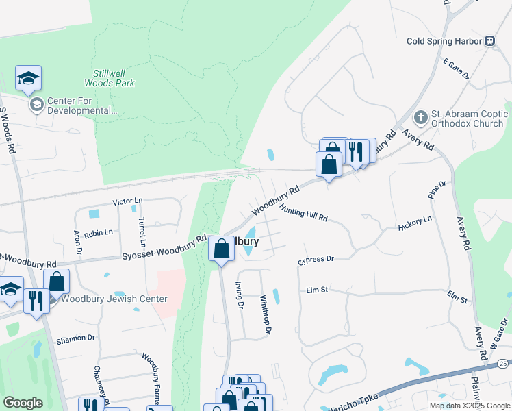 map of restaurants, bars, coffee shops, grocery stores, and more near 1 Andrew Court in Woodbury