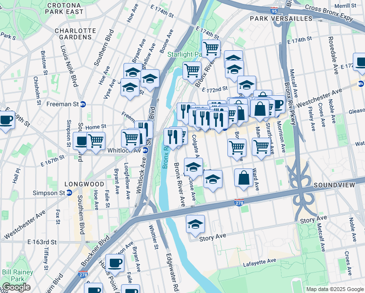 map of restaurants, bars, coffee shops, grocery stores, and more near 1148 Close Avenue in Bronx