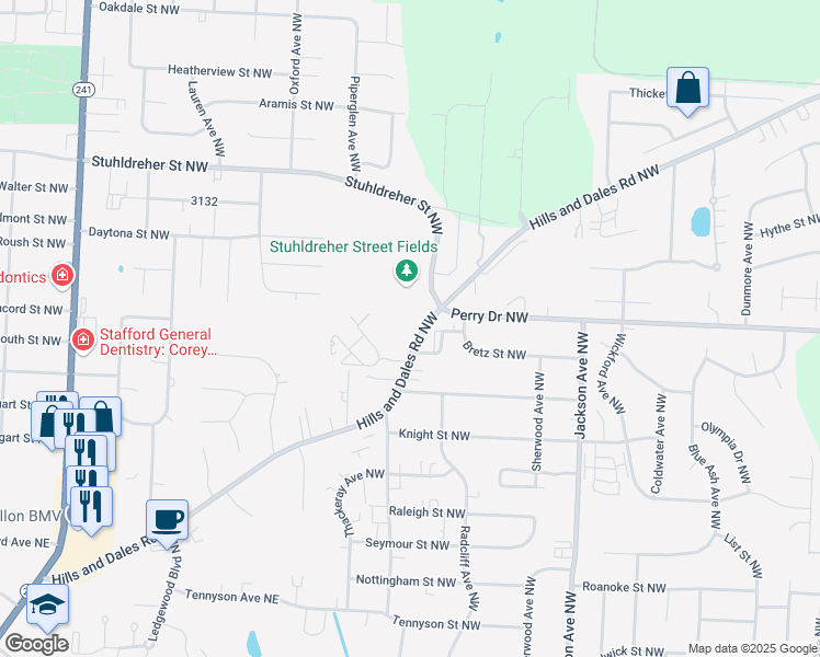 map of restaurants, bars, coffee shops, grocery stores, and more near 7439 Hills and Dales Road Northwest in Massillon