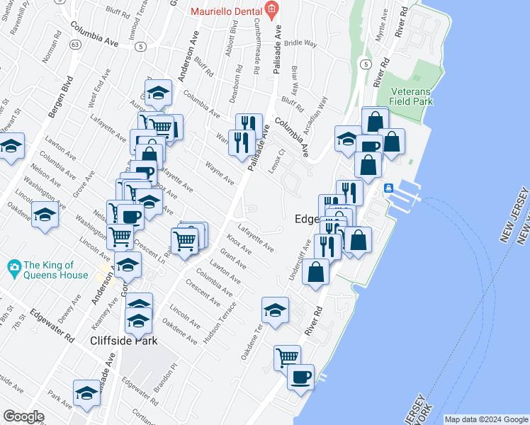 map of restaurants, bars, coffee shops, grocery stores, and more near 100 Winston Drive in Cliffside Park