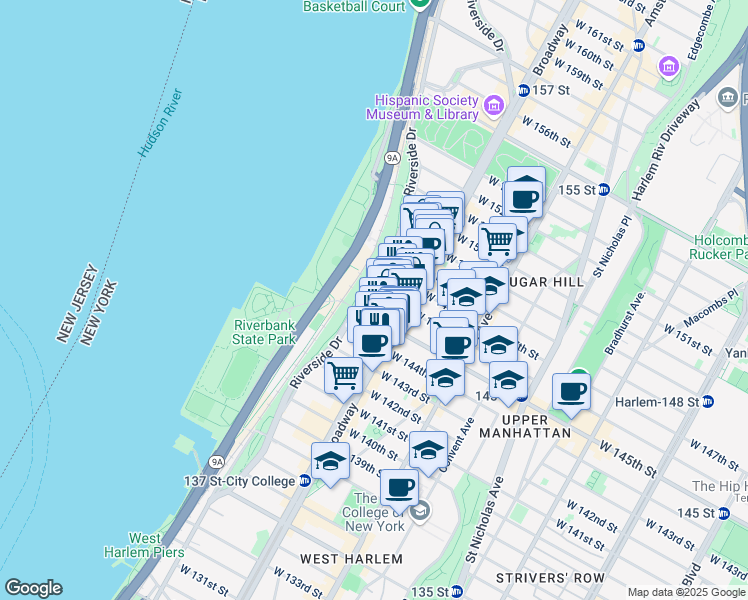 map of restaurants, bars, coffee shops, grocery stores, and more near 684 Riverside Drive in New York