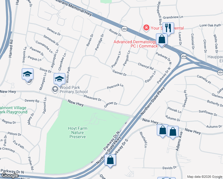 map of restaurants, bars, coffee shops, grocery stores, and more near 3 Finch Court in Commack