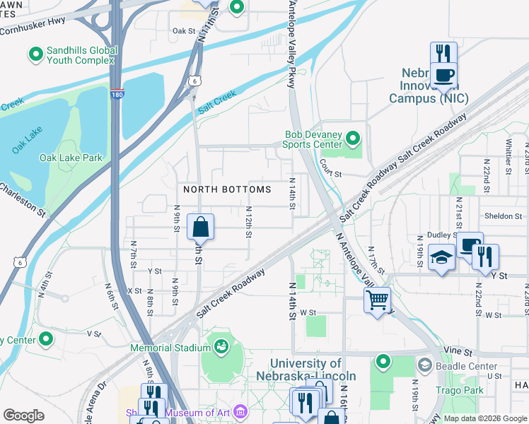 map of restaurants, bars, coffee shops, grocery stores, and more near 1212 New Hampshire Street in Lincoln