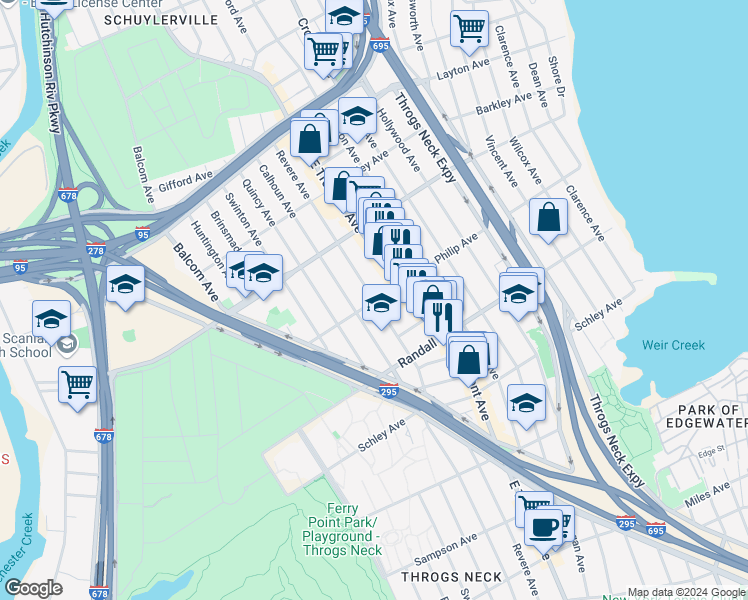 map of restaurants, bars, coffee shops, grocery stores, and more near 800 Revere Avenue in The Bronx
