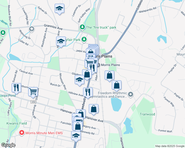 map of restaurants, bars, coffee shops, grocery stores, and more near 621 Speedwell Avenue in Morris Plains