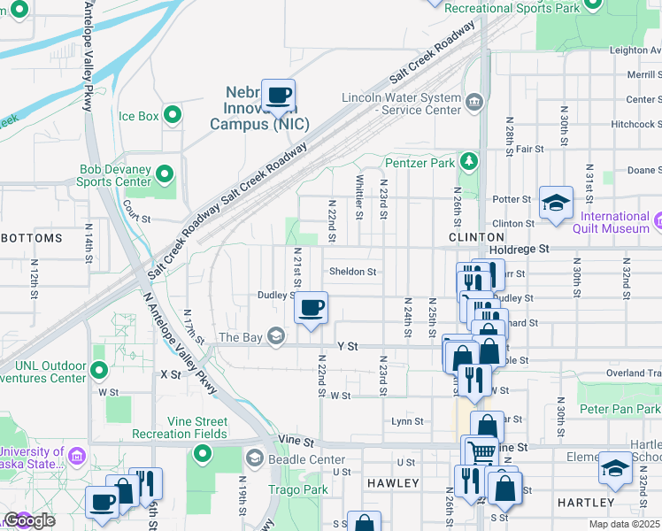 map of restaurants, bars, coffee shops, grocery stores, and more near 2212 Sheldon Street in Lincoln