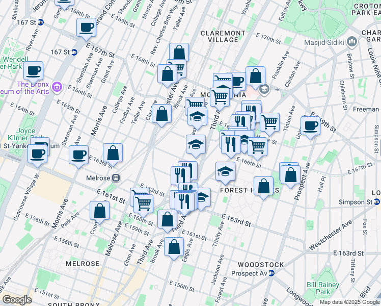 map of restaurants, bars, coffee shops, grocery stores, and more near 503 East 165th Street in Bronx