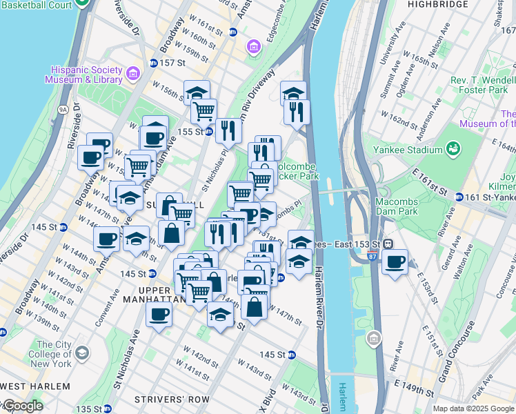 map of restaurants, bars, coffee shops, grocery stores, and more near 2854 Frederick Douglass Boulevard in New York