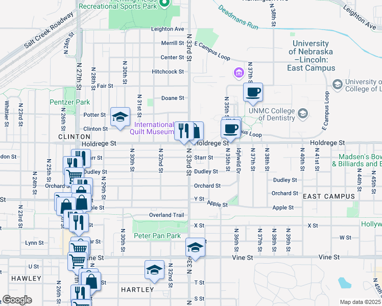 map of restaurants, bars, coffee shops, grocery stores, and more near 1400 North 33rd Street in Lincoln