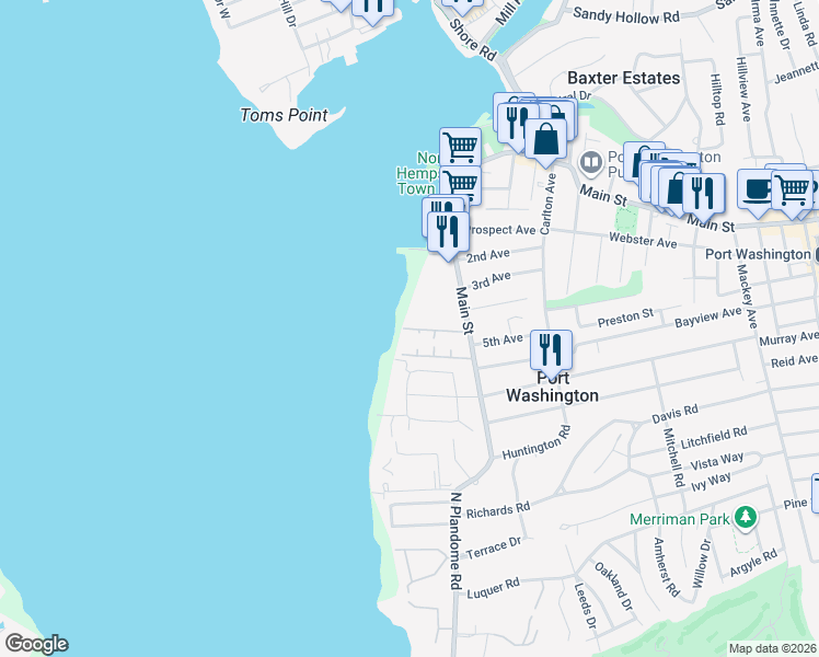 map of restaurants, bars, coffee shops, grocery stores, and more near 31 Dolphin Green in Port Washington